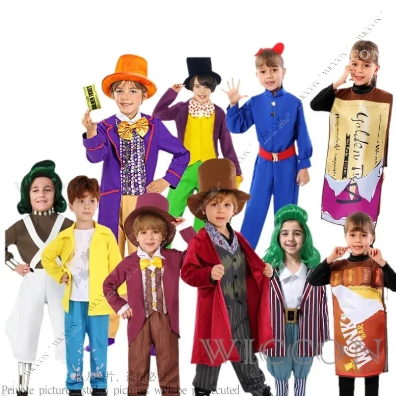 

Chocolate Factory Willy Cosplay Costume Charlie Uniform Child Role Play Outfit Full Suit Halloween Masquerade Kid Cloth Jumpsuit