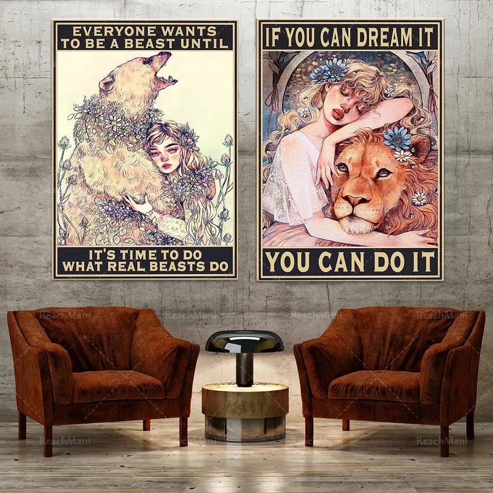 If you can dream, you can do it, it's time to be a real beast do retro poster, love bear lion poster, girl and lion gift