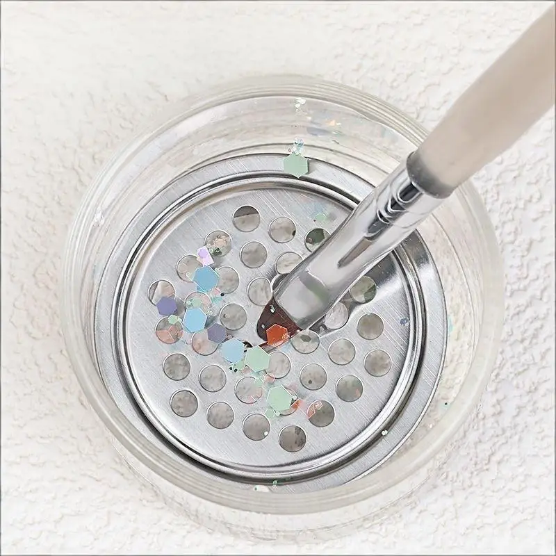 Transparent Glass Nail Brush Cleaner Cup Round With Wood Lid Brushes Washing Cup Stainless Steel Mesh Nail Brush Cleaner