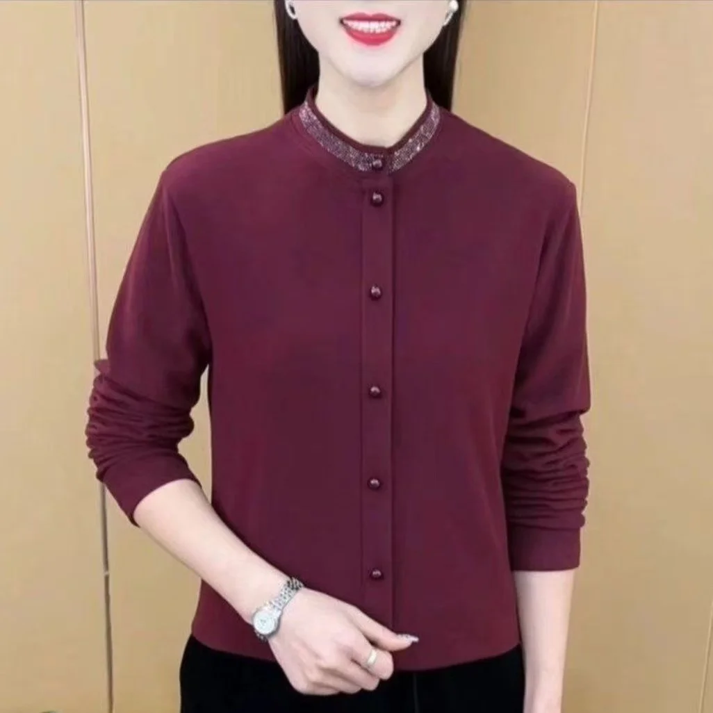 Ladies High-End Long Sleeve round Neck Pure Color Double-Faced Fleece Design Age-Defying Top Warm Base Layer Casual Loose Fit...