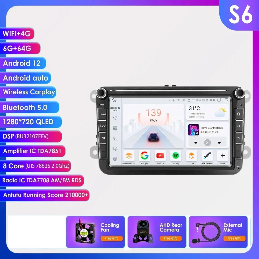 2DIN Carplay Android Autoradio GPS voor VW Caddy Polo Golf 5 6 Plus Passat B6 Jetta Tiguan Touran Sharan Scirocco Eos Seat Stereo