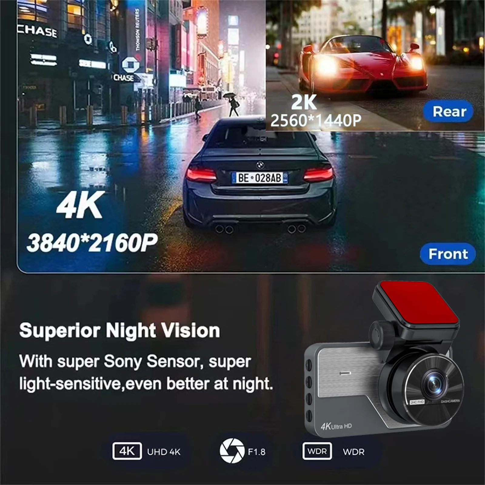 차량용 DVR 대시 캠 녹음기, 24 시간 주차 모니터, 내장 와이파이 앱, 2K 자동 후방 카메라, 4K + 2K, 2160P * 1440P, 140FOV 카메라