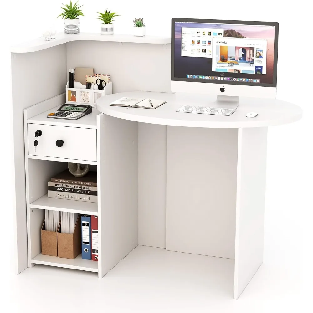 Reception Desk, Small Retail Checkout Counter with Lockable Drawer and Open Shelves, Wooden Front Desk Reception Counter