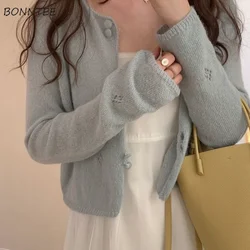 O-neck Cozy Cardigans Women Crop Spring Gentle Sweet Korean Style Y2k Solid Lady Young Sunscreen Trendy Hollow Out Knitwear Chic