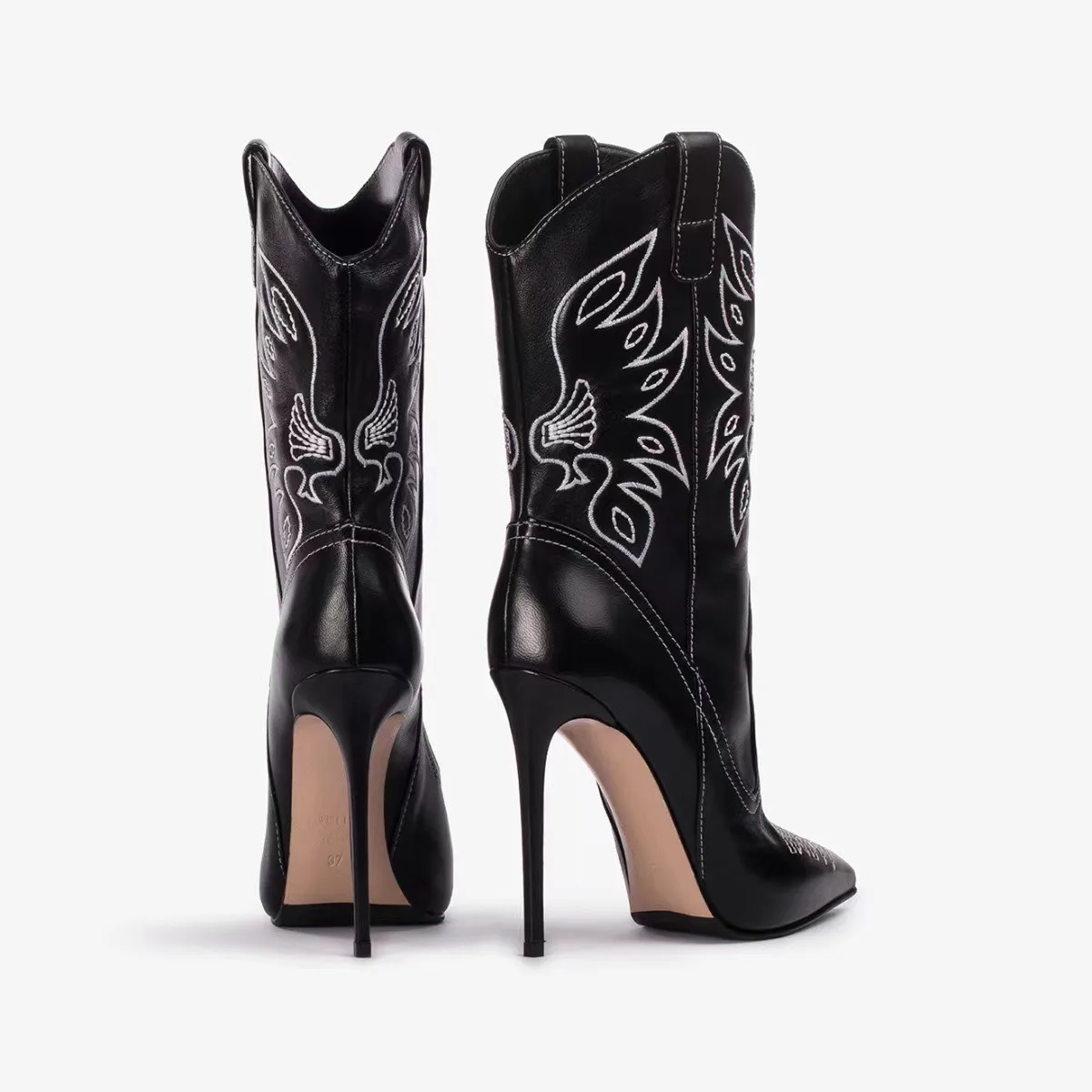 Women's Western Cowboy Mid Calf Boots Pointed Stiletto Heels Rhinestone Embroidery Retro Fashion Pull on Party Dress Shoes