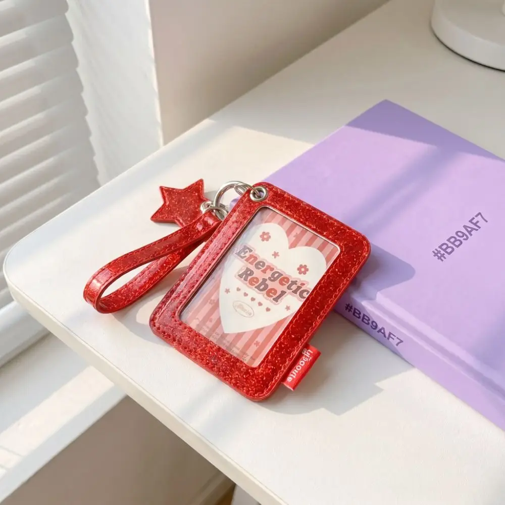 Glitter PU Photocard Holder with Wrist Strap Shiny Star Charm Card Sleeve Waterproof Double Layer Photocard Display Sleeve