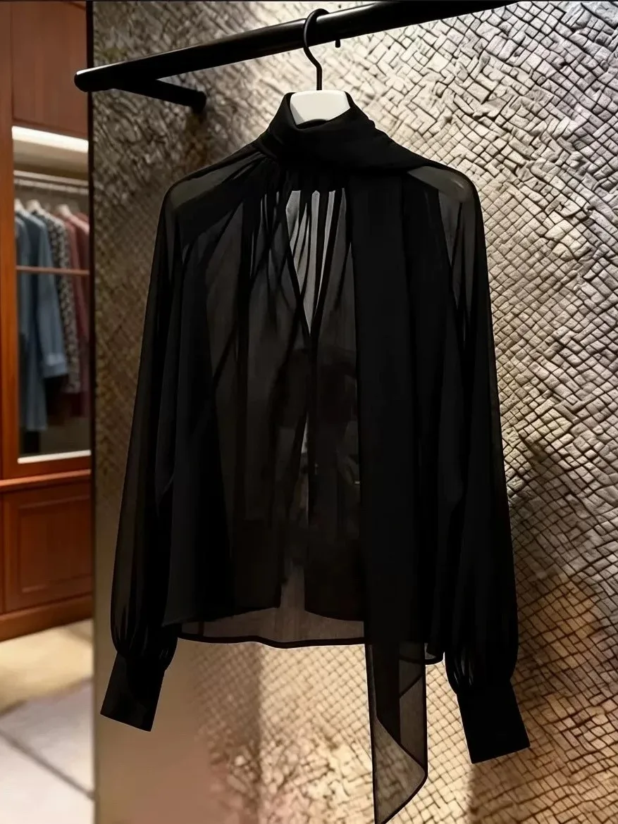 Elegant Black Shirt Loose Casual Thin Semi-Transparent Autumn Fashionable Women's Premium Style Long Sleeve V-Neck Button-Up Top