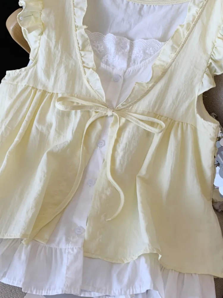 Korean Sle Plaid Svel Dr irt for Women Summer Fre Looking Fake Two-Piece Bow-Tied Doll Top Loose Fit Thin Mate...