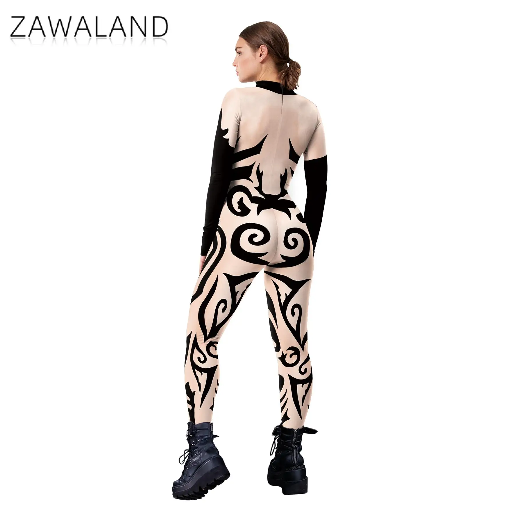 Zawaland ชุดแต่งตัวฮาโลวีนเสื้อผ้าผู้หญิงราชินี zentai ชุดจั๊มสูทมีซิปด้านหลังพิมพ์ลาย3D ชุดบอดี้สูทเซ็กซี่สำหรับผู้หญิง