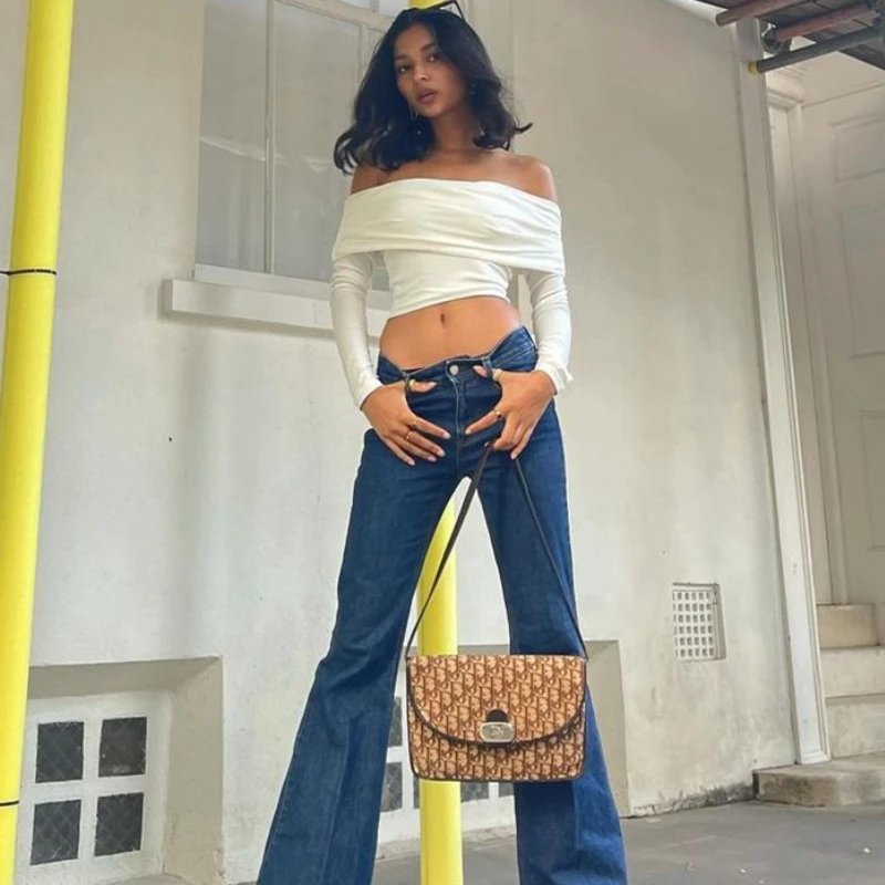 Slash Neck T-shirts Women Elegant Pure Streetwear Chic Fashion Casual Sexy Ladies Skinny Crop Tops Off Shoulder Clothing Spring