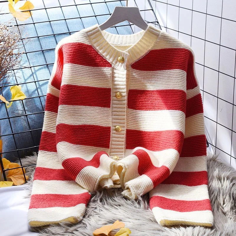 2023 Spring New Korean Loose Button O-neck Loose-fitting Stripes Office Lady Basic Casual Short Long Sleeve Knitted Cardigan