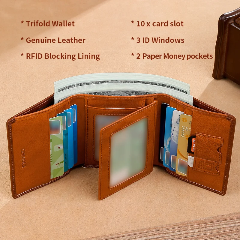 GERUOLA Trifold Genuine Leather Wallet for Men with RFID Blocking Equipped with multiple card slots