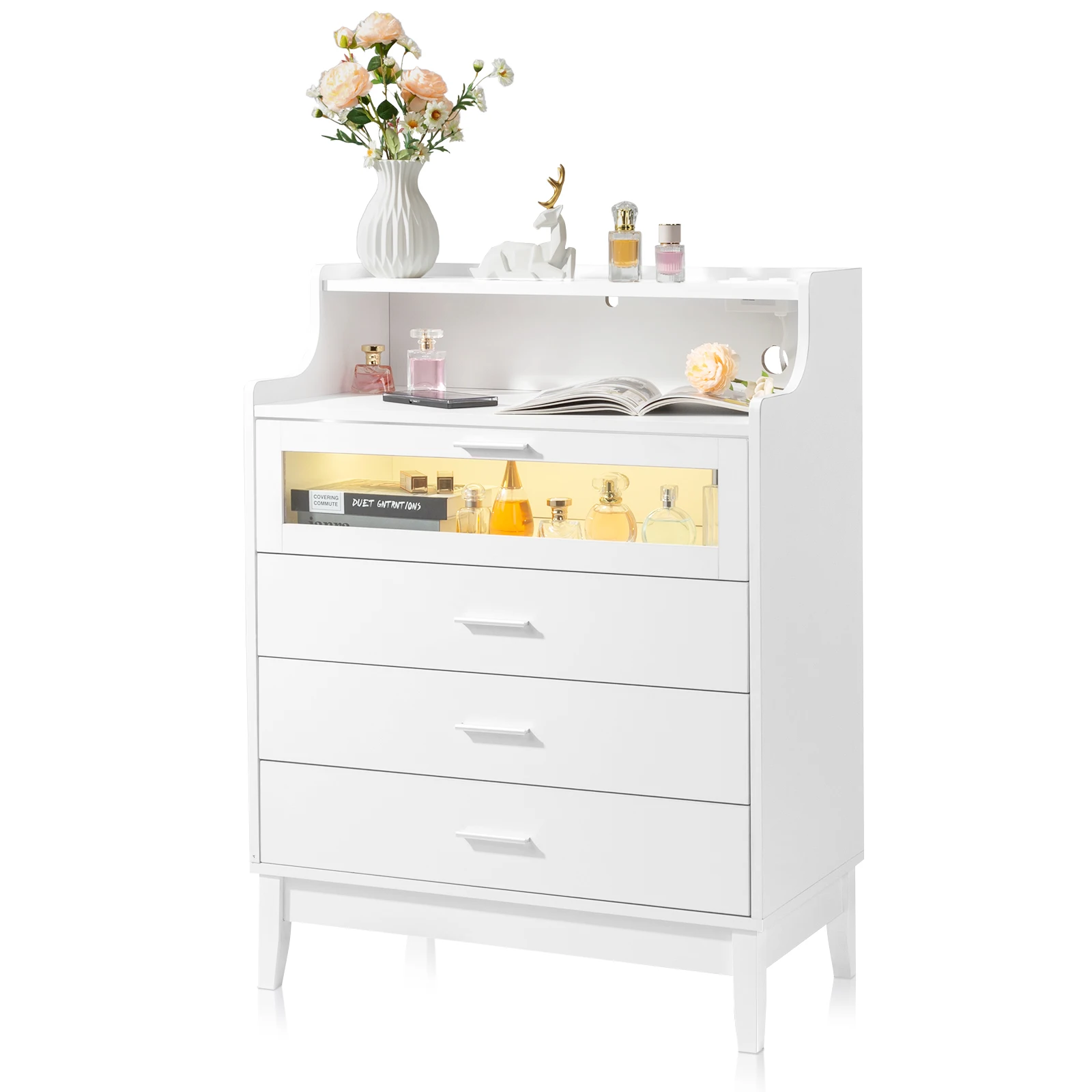 FCH white pitted particle board with melamine-coated tempered glass 76*40cm*101cm four drawers