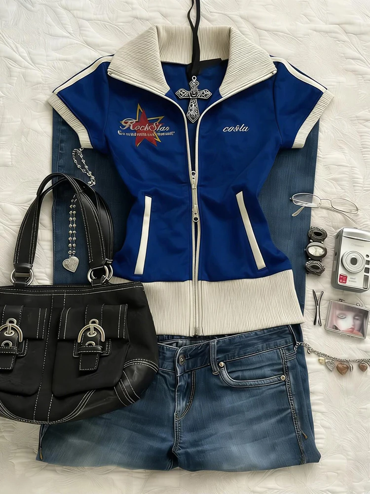 

Синяя короткая куртка с воротником для похудения, женская повседневная куртка на весну и осень, универсальная модная верхняя одежда в стиле Commute из смесового хлопка