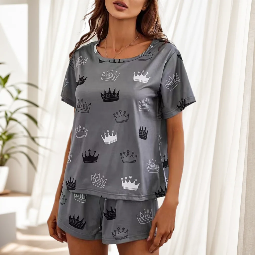 Women\'s Pajamas Set Sleepwear 2 PCS T-shirt And Shorts S M L Silvery Grey Ventilate Soft Casual Cartoon Cat Print