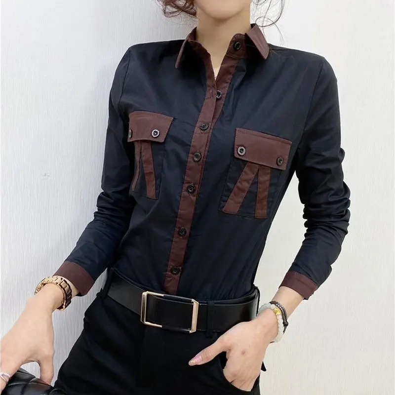 Spring Autumn Moto Biker Pockets Patchwork Blouse Casual Slim Solid Color Turn-down Collar Female Clothing Single-breasted Shirt