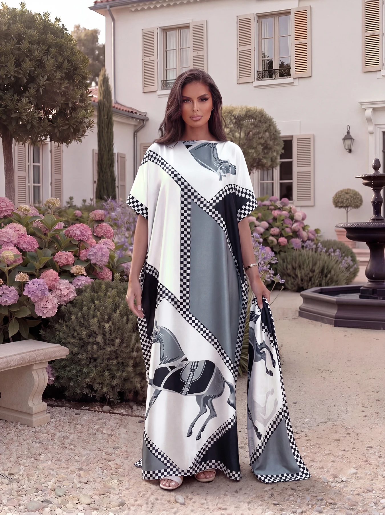 Checkered Diamond Horse Print Satin Abaya Scarf Set, Loose Batwing Kaftan For Muslim Women Summer Holiday Beach Wear