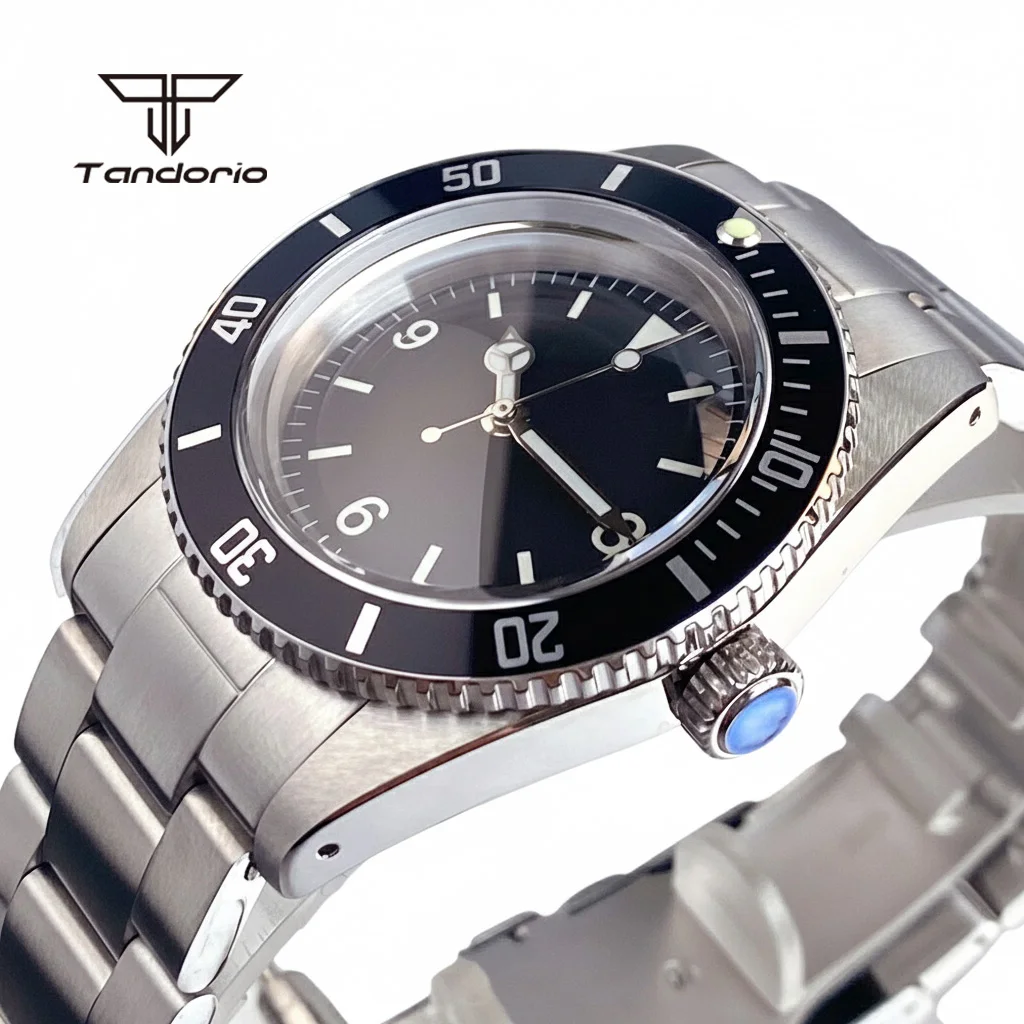 Tandorio Stainless Steel 38mm Mechanical Domed Sapphire Men's Watch NH35/PT5000 Diving Wristwatch Sterile Waterproof Luminous