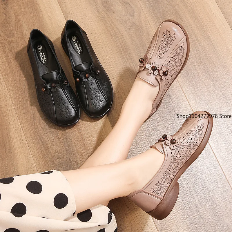 

Summer PU Leather Women's Shoes Comfortable Sandals Soft Sole Hollow Pumps Flat Hole Shoes Flats