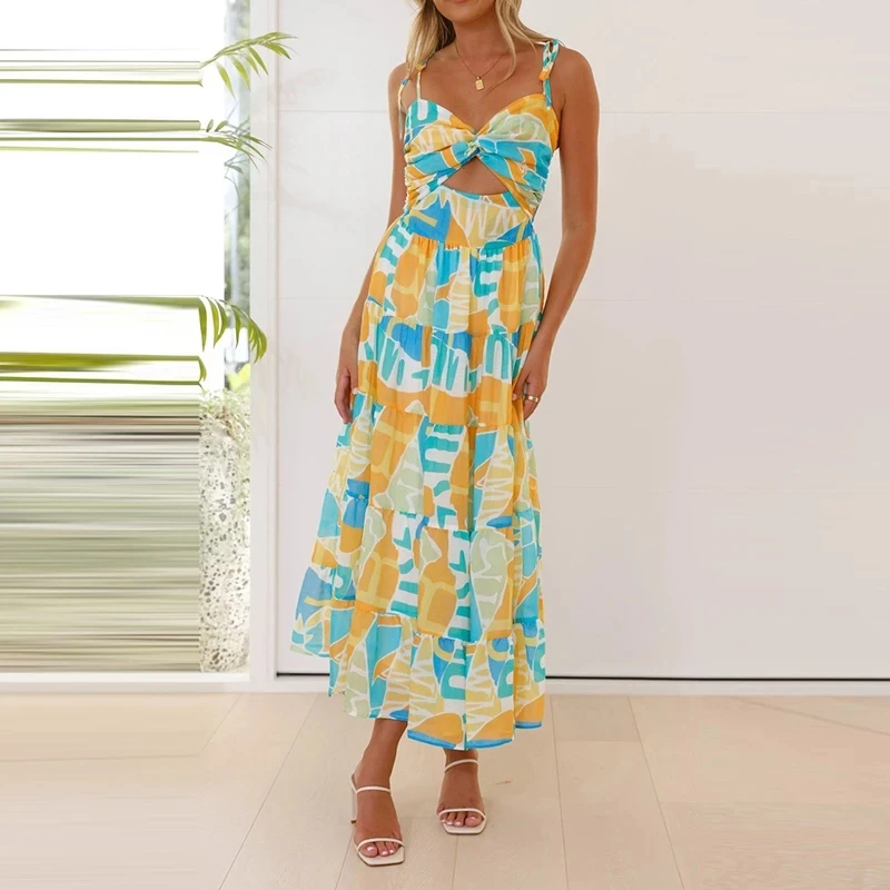 

Elegant Backless Women's Evening Dresses Fashion Contrast Color Sleeveless Halter Dress Summer New Hollow Out Beach Party Dress