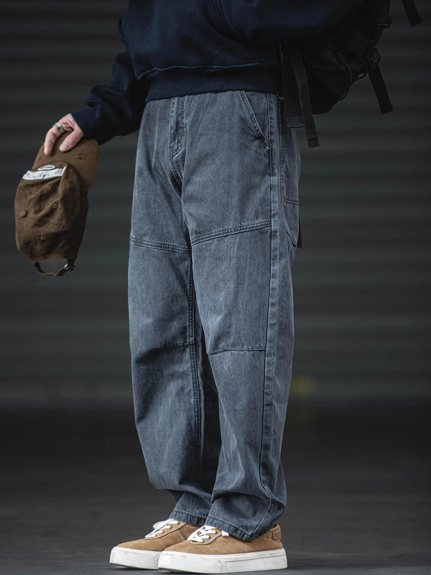 Oversized Straight Leg Vintage Washed Cargo Pants Men Loose Fit Retro American Style Streetwear Utility Pants Gray Trousers