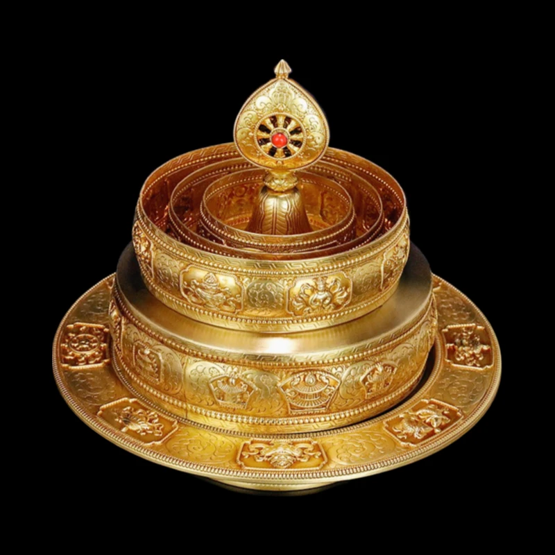 26cm Copper gilding Carve Eight auspicious 37 heaps Tytsa Mandala tray Tibet Buddhism Faqi Manza