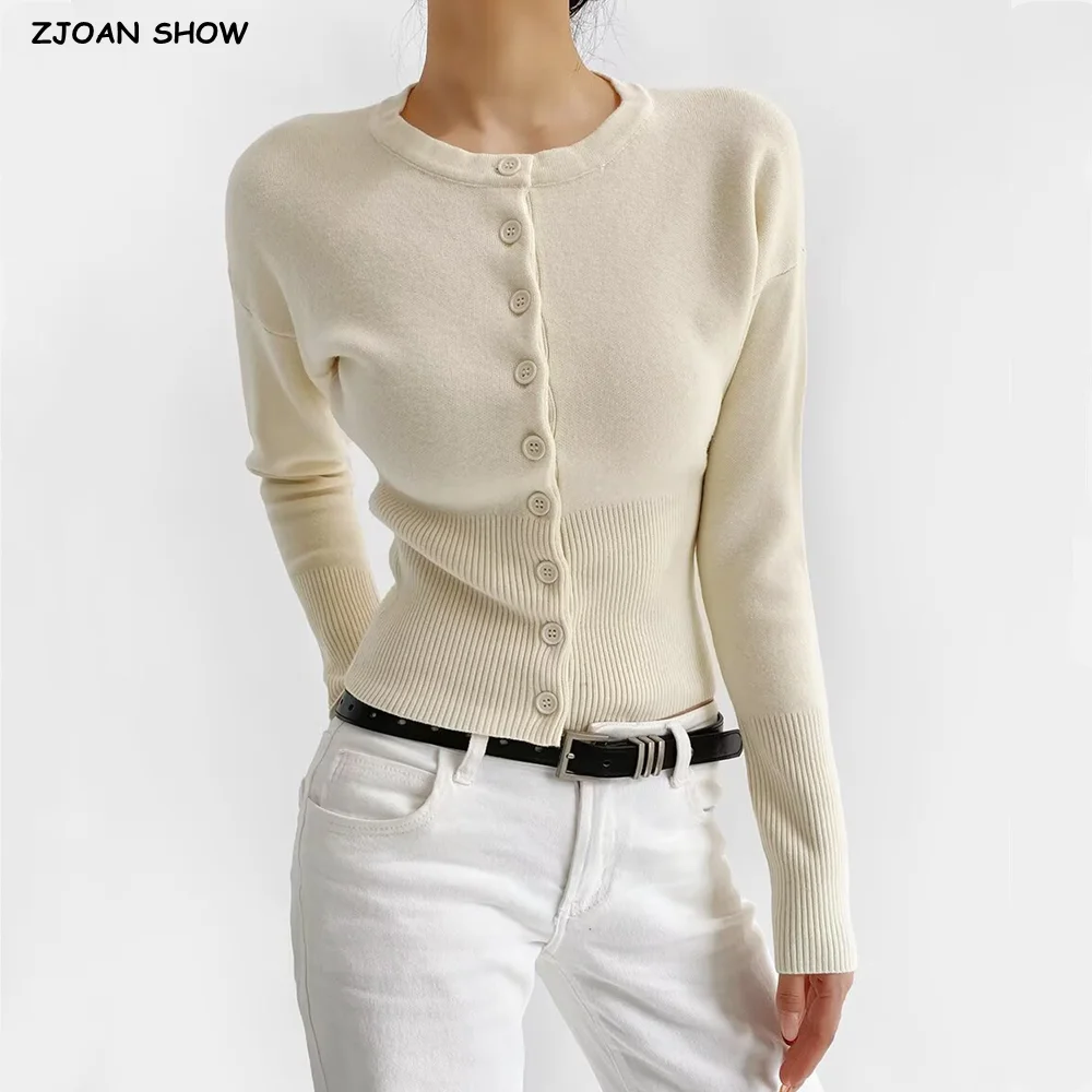 

Осень 2025 г., шикарный вязаный кардиган с круглым вырезом и открытыми пуговицами, укороченный вязаный кардиган Pointelle, свитер в рубчик с высокой талией, женский джемпер, трикотаж