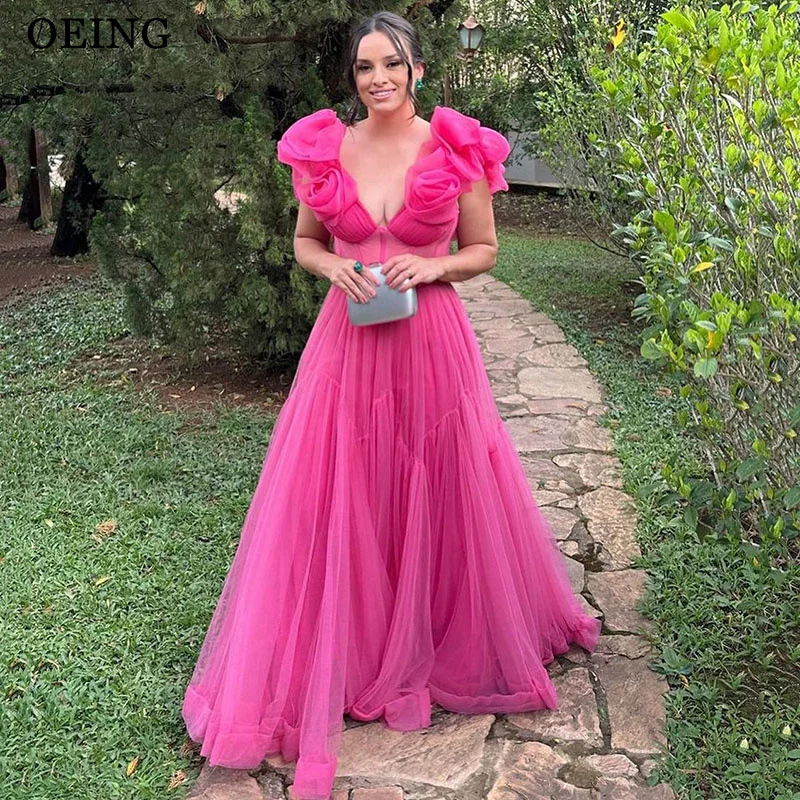 

OEING Hot Pink A-Line Prom Dresses Sexy Deep V-Neck Party Gowns Floor-Length Soft Tulle Pleats Vestidos de noche Customized