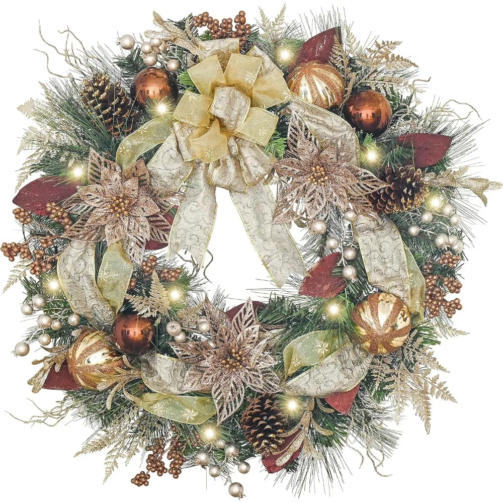 30 Inch Pre-Lit Fall Wreath for Front Door with Lights, Large Lighted Christmas Wreath with Bronze Copper Gold Xmas