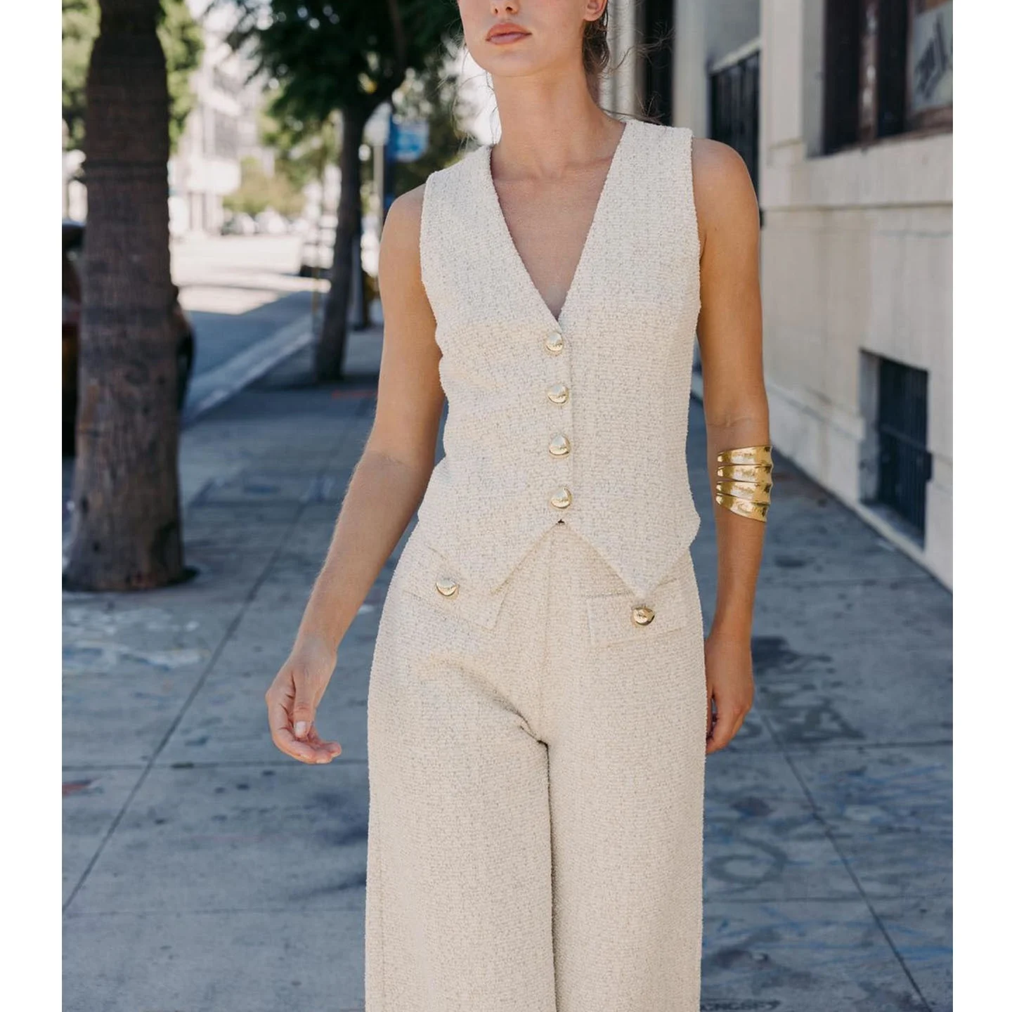 V-Ne Svel Slim Fit Texture Vest 503925 Wide Leg mid Waist Simple Casual Pants 503926 Faion Set Women's Ensemble