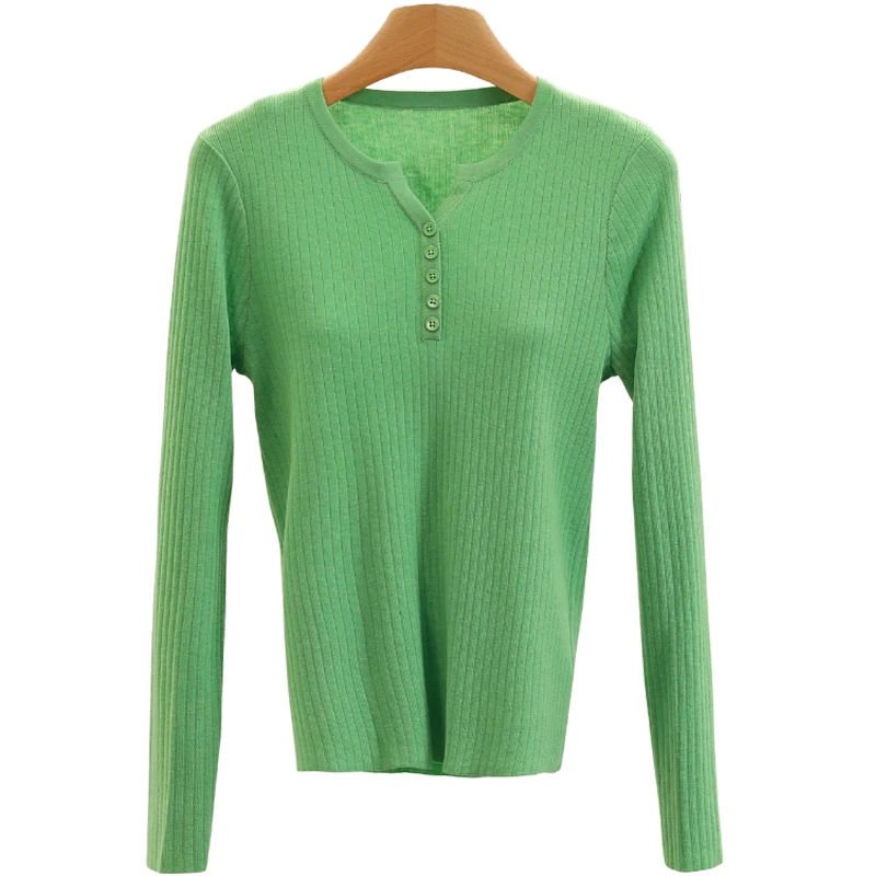 Suéter de malha feminino sle coreano cor pura botão decorativo camada base inverno faion corte reto commute sle