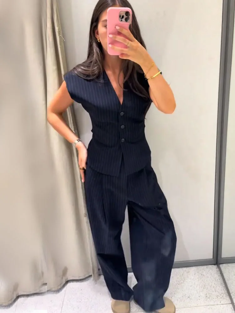 

HH Women Fashion 2-Piece Set Single-breasted Sleeveless V-Neck Pinstripe Vest+Summer Pleated Loose Pocket Belt Zipper Pants