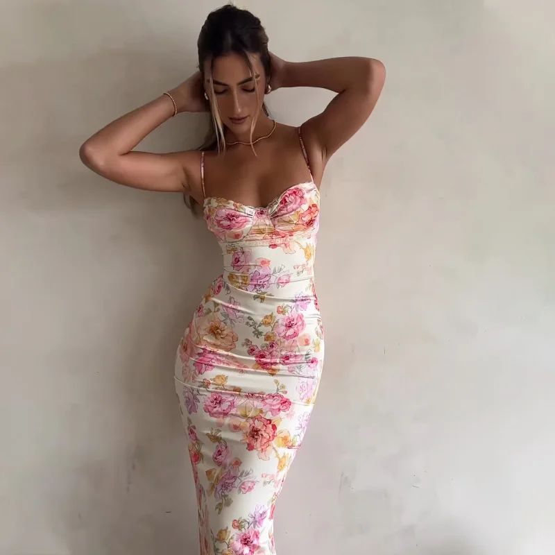 

Trendy Summer Women Dress Floral Print Bodycon Sexy Deep Backless Sleeveless Spaghetti Strap Party Beach Dress