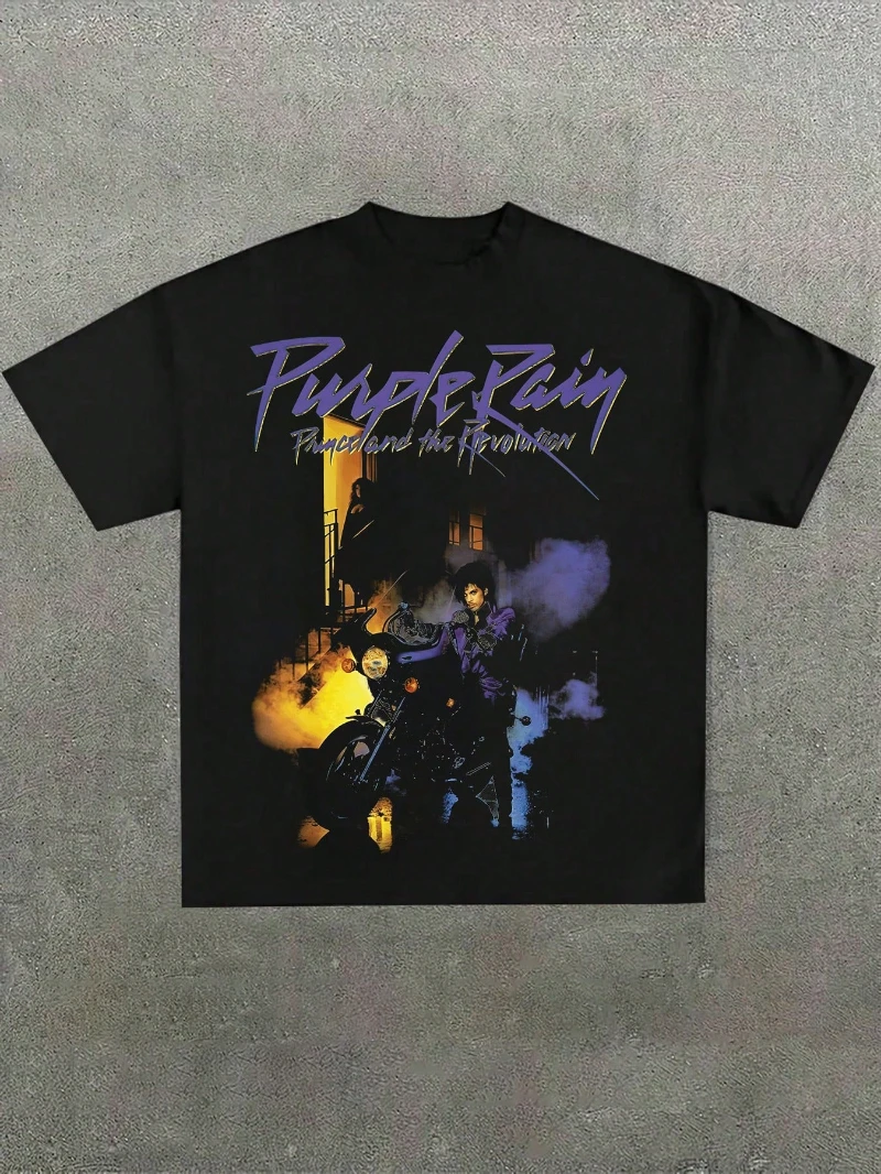 Camiseta de manga corta con estampado de estilo urbano y diseño de príncipe 'Purple Rain' negra para hombre, camisa de algodón puro para las cuatro estaciones.