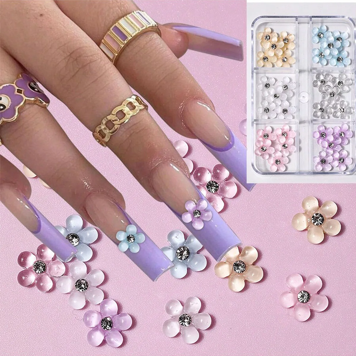 6 Grid Trendy 3D Love Heart Nail Charms Set Red Pink Rhinestone Crystal Magic Wand Decor Must Have for DIY Nail Art Party Nails