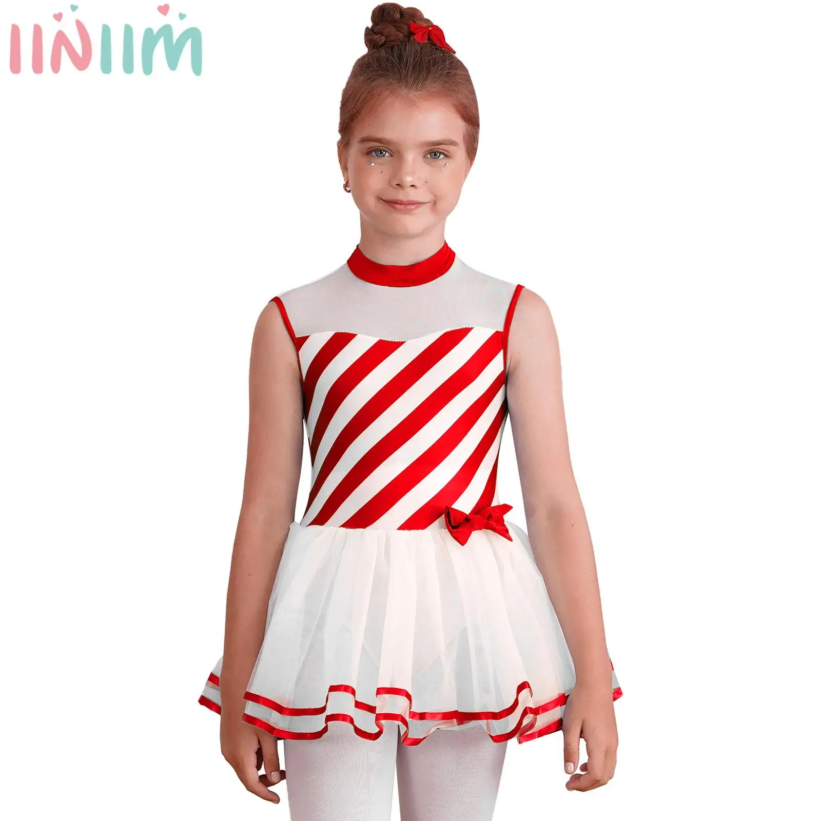 Girls Christmas Dress Up Jumpsuit Sleeveless Candy Cane Striped Print Ballet Dance Leotard Dress Xmas Party Roleplay Wear