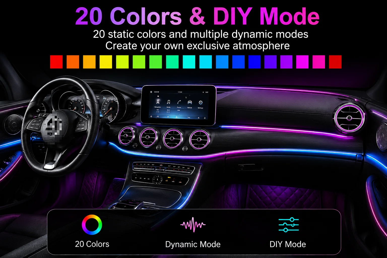 20LED Rainbow Ambient Light Kit for Mercedes Benz Universal Interior Dashboard Door Saddle Strips APP Screen WeChat Control