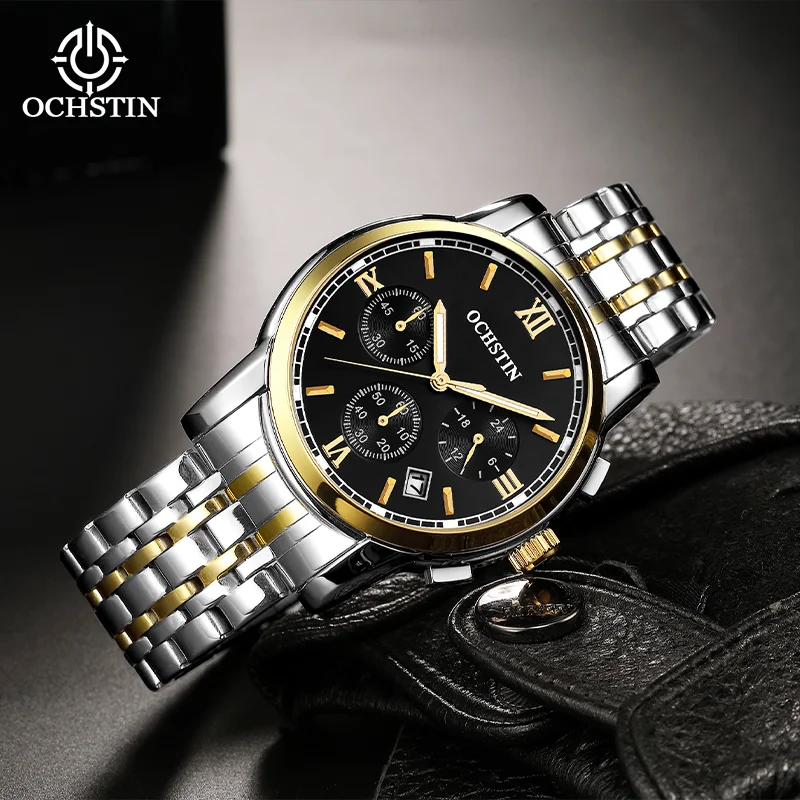 OCHSTIN Men's Quartz Movement Wrist Man Classic Stainless Steel Strap Clock Mineral Hardened Glass Waterproof Business Watc
