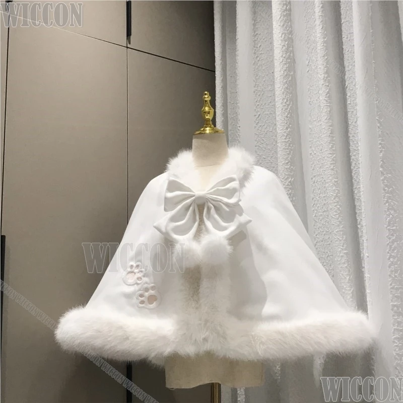 

Белый костюм с рюшами по краям и помпоном с бантом, милый зимний плащ с кошачьими лапами, Jirai Kei, косплей для девочек, Y2K, подарок для девочек на Хэллоуин, Navidad Carnaval