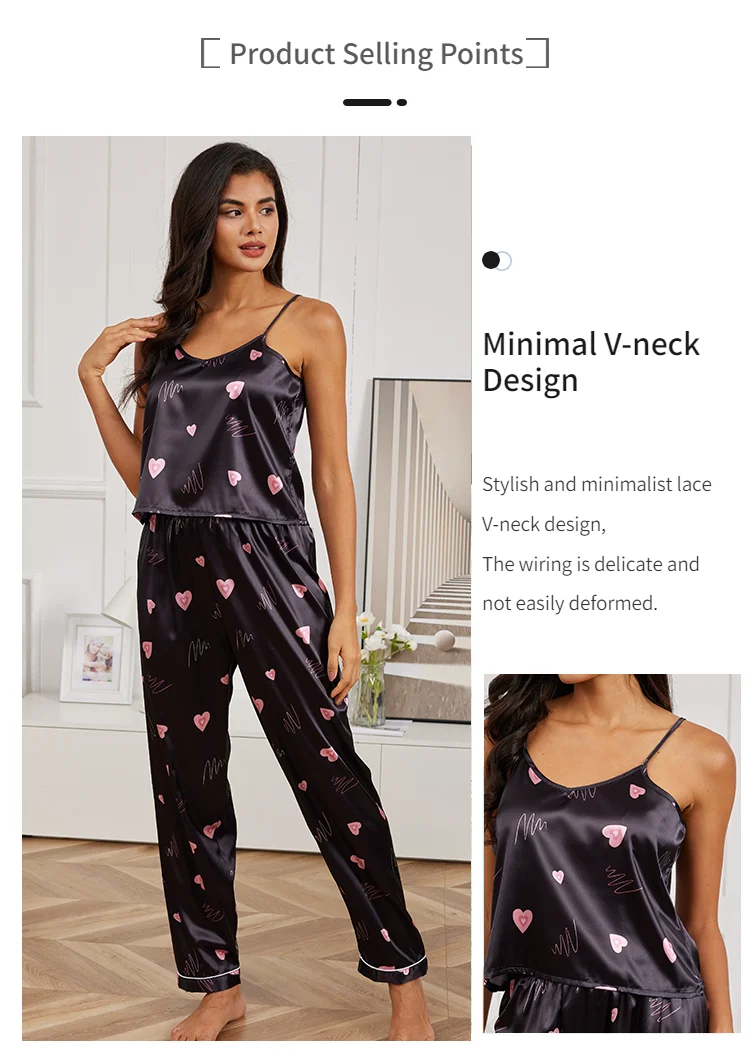 Damen Hauskleidung sexy V-Ausschnitt Pyjama Seide Pyjama Set Nachtwäsche Satin Cami Weste mit Hose Pyjama 2 Stück Sets Lounge wear – Detail 6