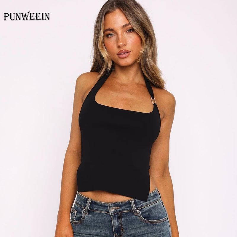 Women's Slim Fit Square Neck Tank Top Sexy Hot Summer Casual Vest Fashion Ring Buckle Design Hanging neck Sleeveless Crop Tops