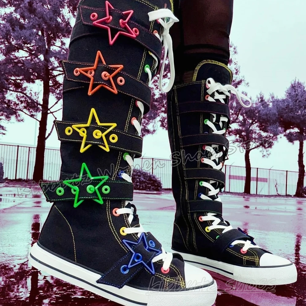 Stars Rainbow Sneaker Boots Knee High Lace-Up Round Toe Flat with Fashion Novelty Sexy Concise Sports Hot Girls Belt Buckle New - view 3