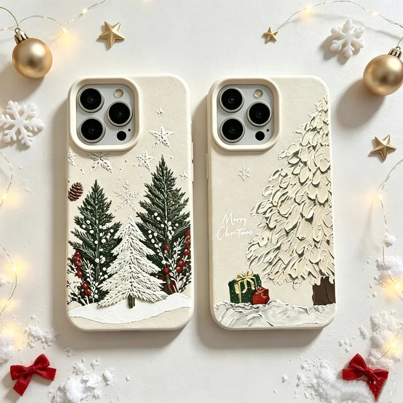 Oil Painting Christmas Tree Soft Leather Texture Case For Motorola Edge 50 Fusion 60 70 Pro G37 G84 G54 G85 G35 G05 G34 G75 G15