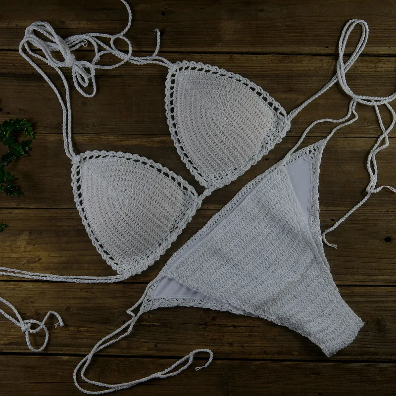 New Summer Women Crochet Bikini Set Boho Chic Two-Piece Swimwear Lace Up Bandage Bikini Bra Sexy Thongs Panties Womens Clothings