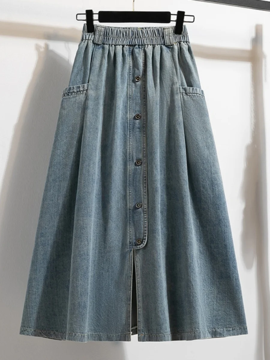 

Юбка-миди из винтажного денима больших размеров для женщин, летняя, тонкая, с эластичной талией, скрывающая живот, стройнящая, расклешенная, фасон «зонтик»