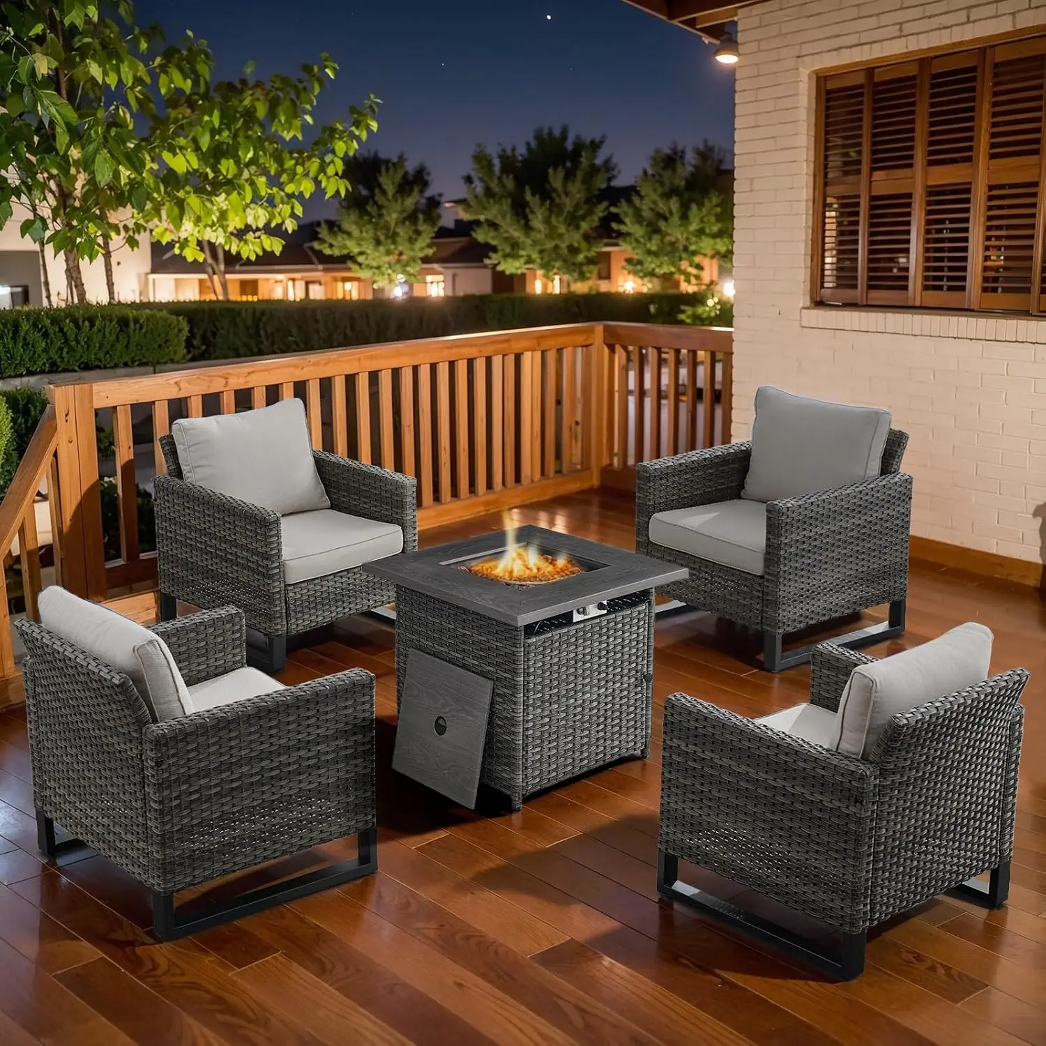 5pc Wicker Patio Set 4 Club Chairs 50000BTU Propane Fire Pit Table All Weather Rattan Anti-Rust Frame Beige Cushion, Customized