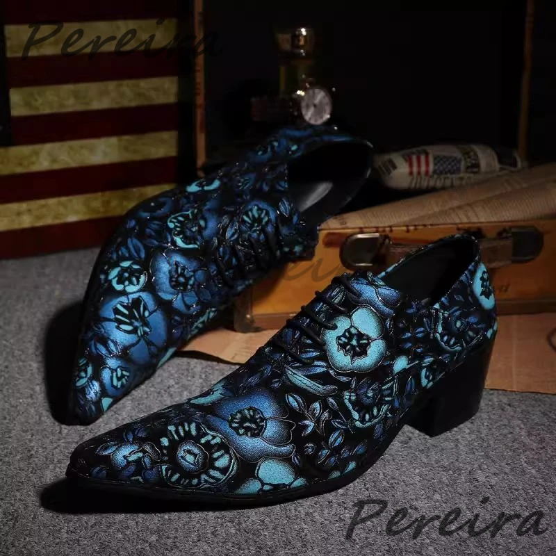 Blue Carved Cowhide Men's Shoes British Red Flower Print Pointy Toe Height Increase Lace Up Oxfords Trendy Casual Business Shoes