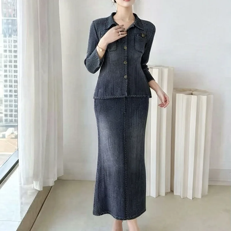 Miyake Women Pleated Denim Look 2 Piece Set, Lapel Long Sleeve Shirt & Mermaid Long Skirt Outfit