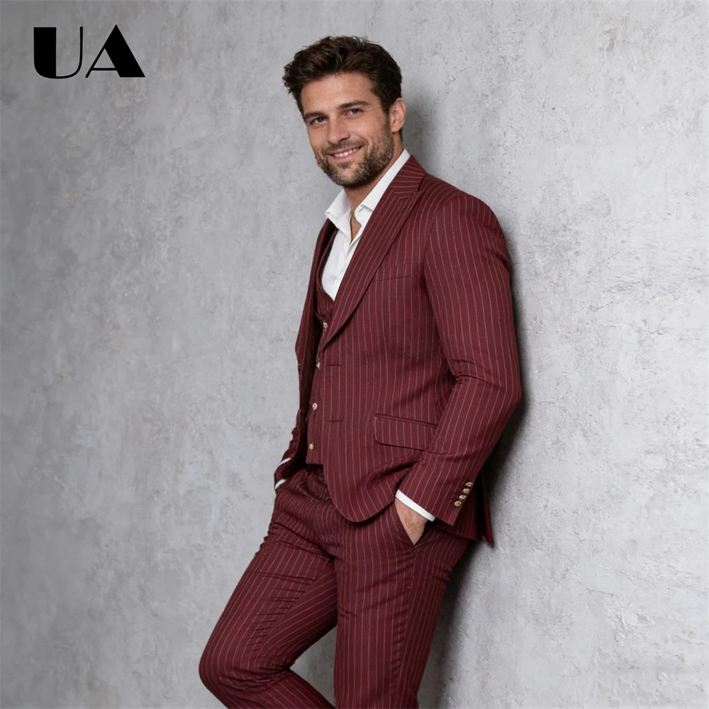 

High End Stripe Suit Attire for Men, 3 Piece Formal Suit Set (Jacket Vest Pants) Business Meeting Evening Dresswear for Men