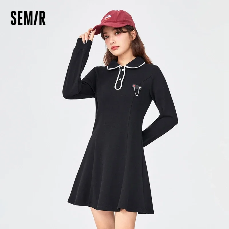 

Semir 2023 Women Dress Autumn New Elegant Long-sleeved Little Black Dress Slim Contrast Color Temperament Sweet Dress for Women